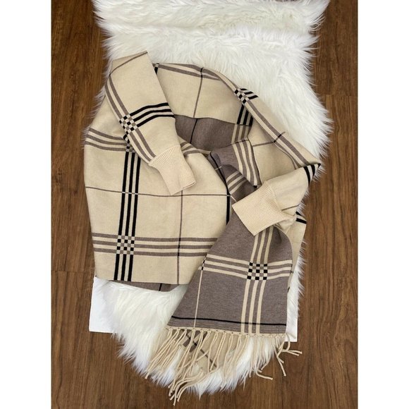 Vintage Beige Gray Tartan Plaid Wrap Sweater One Size - Picture 8 of 10